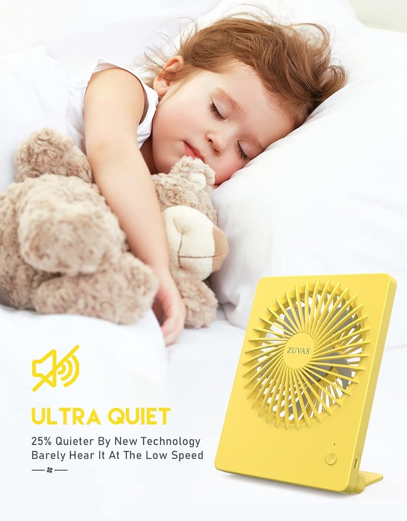 Zuvas Desk Fan Battery Operated Fan Rechargeable 180°Tilt Folding Personal Fan Ultra Quiet Small Portable 3 Speed Adjustable Strong Wind Fan For Office Bedroom Home Desktop Camping (Yellow) - Image 2